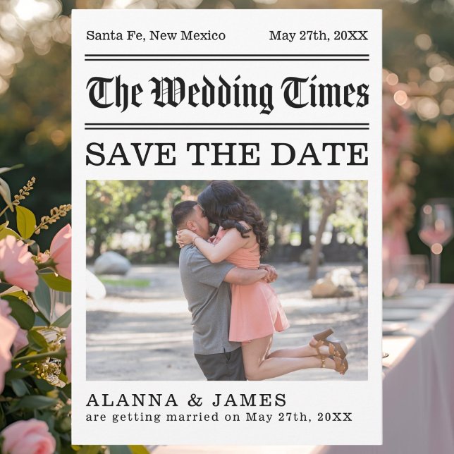 Convites Foto de Jornal Antigo Salva a Data (Creative newspaper-style “Save the Date” card titled The Wedding Times.)