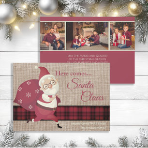 Convites Foto de juta xadrez vintage Aqui vem o Papai Noel