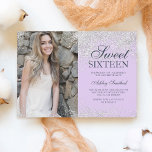 Convites Foto de lavanda quic com brilho de prata Sweet 16<br><div class="desc">Um simples brilho prateado moderno acende na moda na lavanda roxa de luz personalizável Doce convite de aniversário dezesseis,  adicione sua foto.</div>