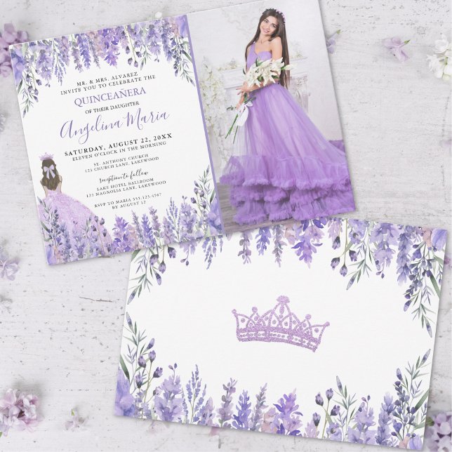 Convites Foto de Lilás Roxo Floral Quinceañera (Lavender Photo Purple Floral Quinceañera Invitation)