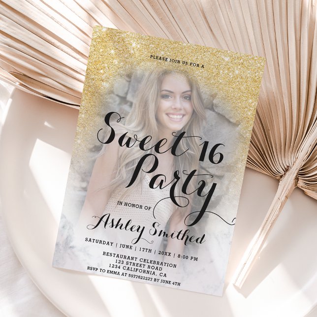 Convites Foto de mácula mbre de ouro moderno Doce 16 (Criador carregado)