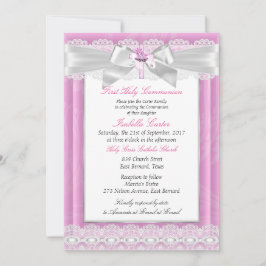 Convites Foto de Menina Primeira Comunhão Rosa Floral Cruz
