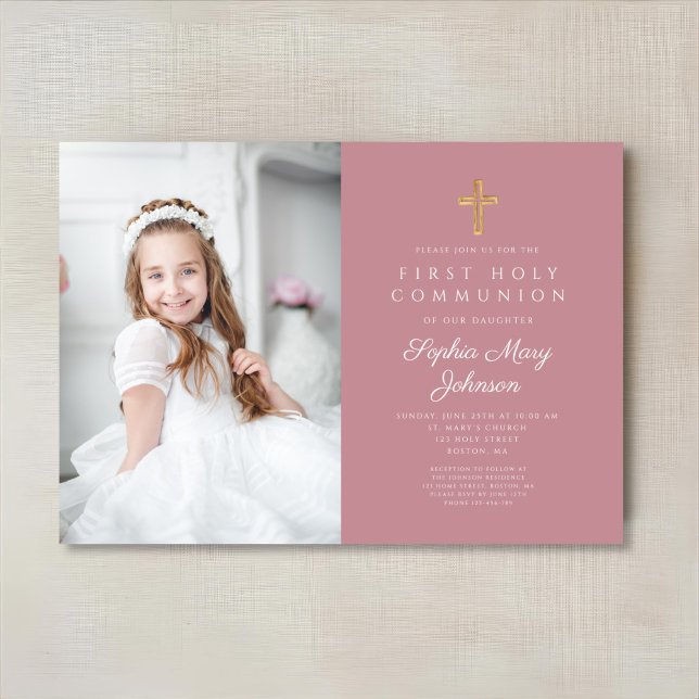 Convites Foto de Menina Religiosa Rosa Elegante Primeira Co (Pink Religious Cross Girl First Communion Photo Invitation)