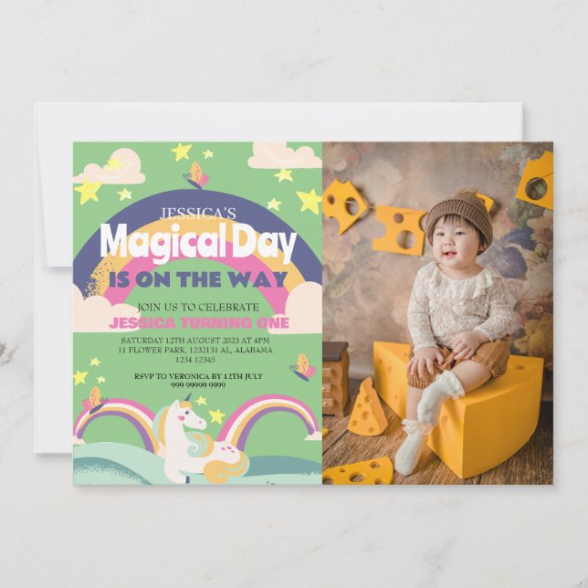 Convites Foto de Menina Simpática Unicórnio Aniversário de  (Frente)