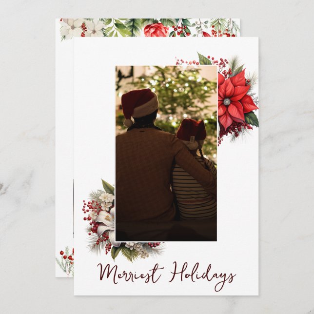 Convites Foto de Natal 3, floral botânico (Frente/Verso)