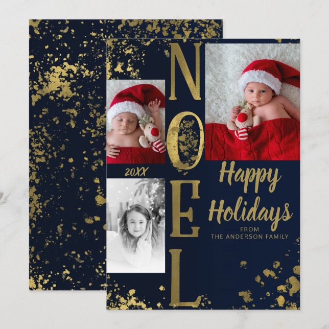 Convites Foto de Natal Blue & Gold NOEL Holiday Splatter (Frente/Verso)