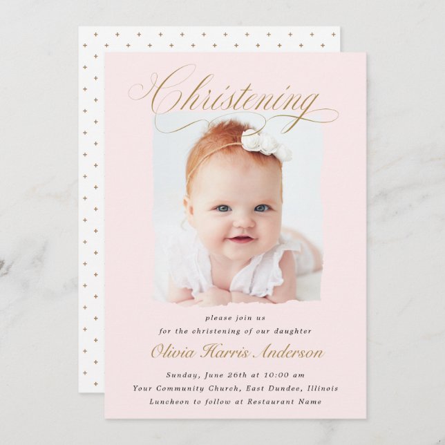 Convites Foto de Natal com Script Rosa Sutil (Frente/Verso)