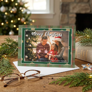 Convites Foto de Natal da Família em Xadrez Verde e Vermelh