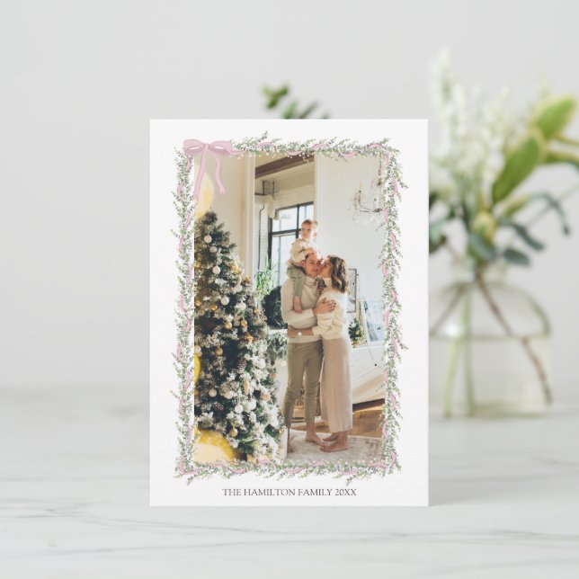 Convites Foto de Natal da Garland Verde, Arco rosa (Em pé/Frente)