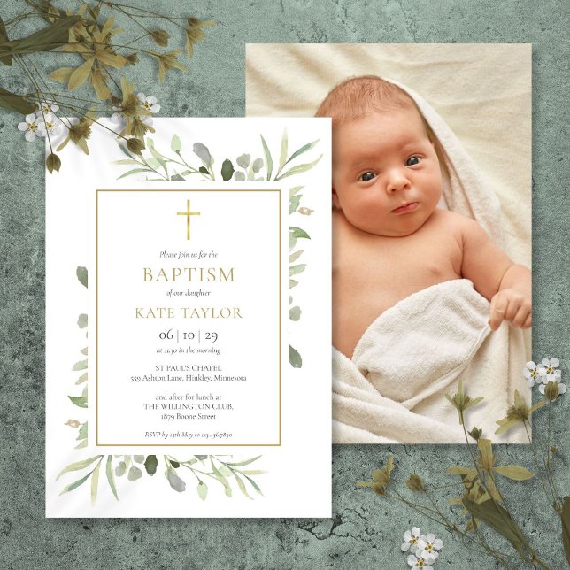 Convites Foto de Natal do Batismo Dourado Verde (Greenery Gold Baptism Christening Photo Invitation)