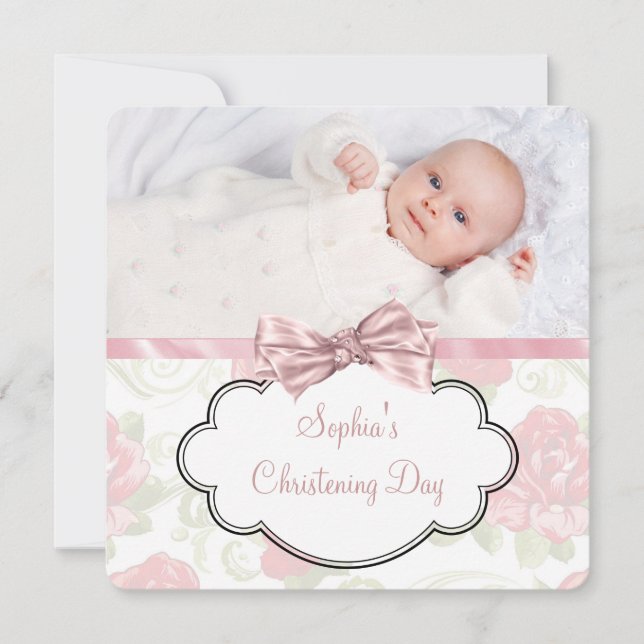 Convites Foto de Natal para Bebê Rosa Rosa Rosa Rosa Rosa R (Frente)