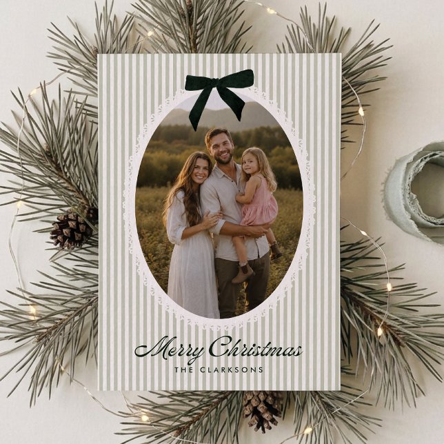 Convites Foto de Natal Preppy Green Stripe Lace Frame (Criador carregado)