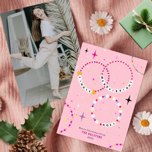 Convites Foto de Natal Rosa das Braceletes de Amizade (Criador carregado)