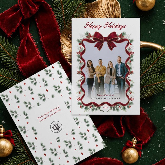 Convites Foto de Negócios Feliz Natal Vermelho (Happy Holidays Red Bow Photo  Business Greeting card with logo)