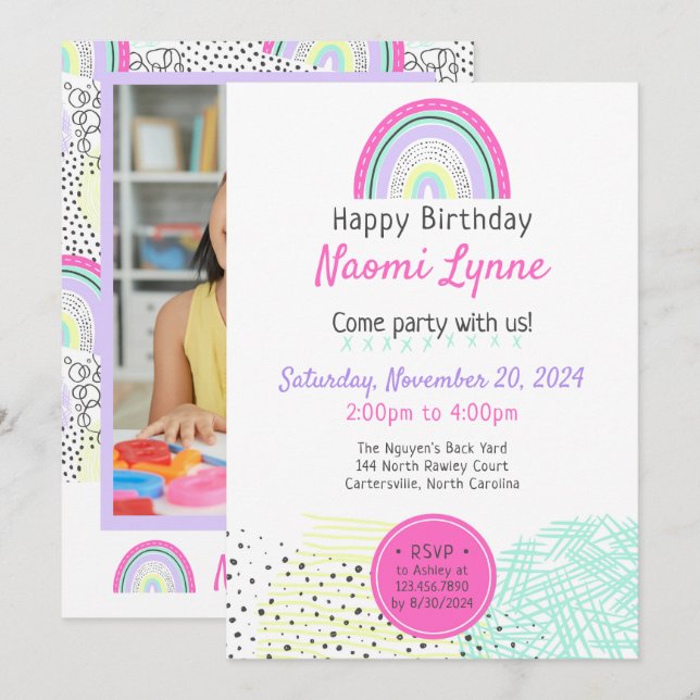 Convites Foto de Noivado Kawaii Doodles, 90 da Rainbow Girl (Frente/Verso)