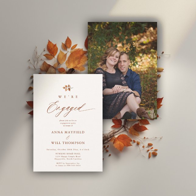 Convites Foto de Noivado Simples Moderno Terracotta (fall engagement party invitation botanical leaf calligraphy terracotta elegant modern photo)