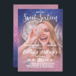 Convites Foto de Ombre de Glitter Tripla Rosa Sapphire 16<br><div class="desc">Este convite de aniversário giro, moderno e brilhante de 16 fotos é perfeito para o dia especial da sua filha adolescente. Apresenta uma fotografia personalizável do convidado de honra e um falso azul-safira impresso a rosa-rosa, em verde-brilhante brilhante cintilante. É chique, elegante, bonito, única e legal; todas as qualidades que...</div>