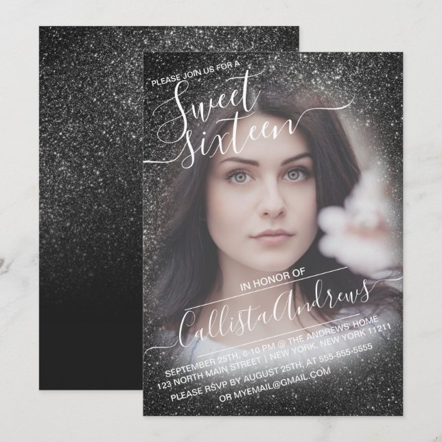 Convites Foto de Ombre Glitter Espelho Preto Elegante Doce  (Frente/Verso)