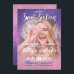 Convites Foto de Ombre Rosa Tripla Violeta Brilhante Sweet<br><div class="desc">Este convite de aniversário giro, moderno e brilhante de 16 fotos é perfeito para o dia especial da sua filha adolescente. Ele apresenta uma fotografia personalizável do convidado de honra e um violeta preto impresso em roxo rosa cor-de-rosa pincelado e brilhante gradiente ombre. É chique, elegante, bonito, única e legal;...</div>