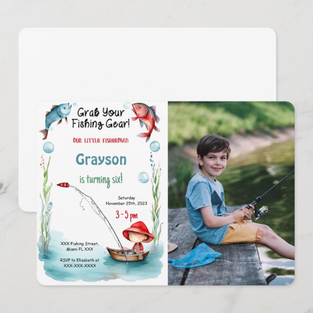 Convites Foto de Pesca de Aniversário de 6 (Frente/Verso)