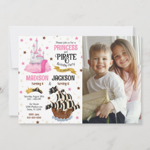 Convites Foto de Pirata e Princesa Irmãos Aniversário Conju