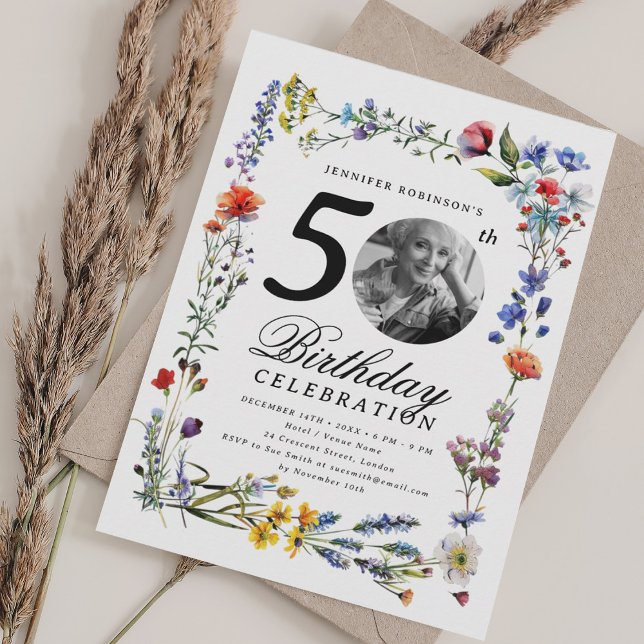 Convites Foto de Prado de Flor Selvagem 50ª Festa de aniver (Wildflower Meadow Photo 50th Birthday Party Invitation)
