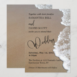 Convites Foto de praia de areia e espuma, casamento tipográ