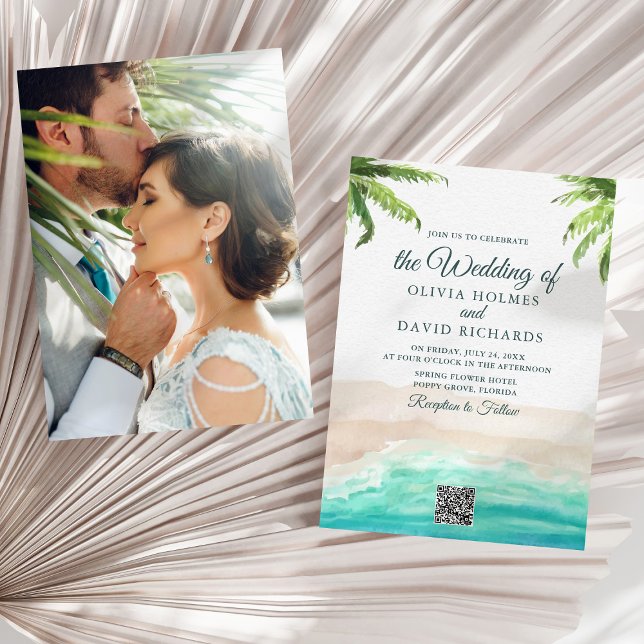 Convites Foto de Praia em Aquarela & Código QR Casamento (Watercolor Beach Photo & QR Code Wedding Invitation on a sunny neutral dry palm leaf.)