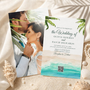 Convites Foto de Praia em Aquarela e Código QR Casamento