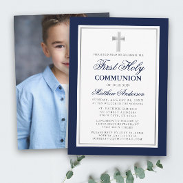 Convites Foto de prata azul da Primeira Comunhão