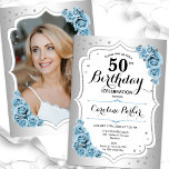 Convites Foto de prata azul empoeirada Elegante 50º anivers<br><div class="desc">Elegante convite floral feminino de 50 anos com sua foto no final do cartão. Glam design com falso prata. Apresenta rosas azuis empoeirados, fonte de script e confetti. Perfeito para uma festa de comemoração de na moda adulto. Personalize com seus próprios detalhes. Pode ser personalizado para qualquer idade! Impressos convites...</div>
