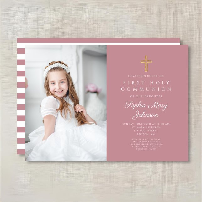 Convites Foto de Primeira Comunhão em Stripes Rosa (Pink Stripes Cross Girl First Communion Photo Invitation)