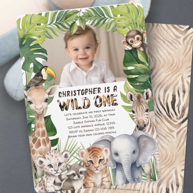 Convites Foto de primeiro aniversario com tema Safari selva (Wild one, boy 1st birthday photo invitation.)