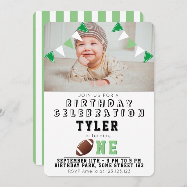 Convites Foto De primeiro aniversario Cute American Footbal (Frente/Verso)