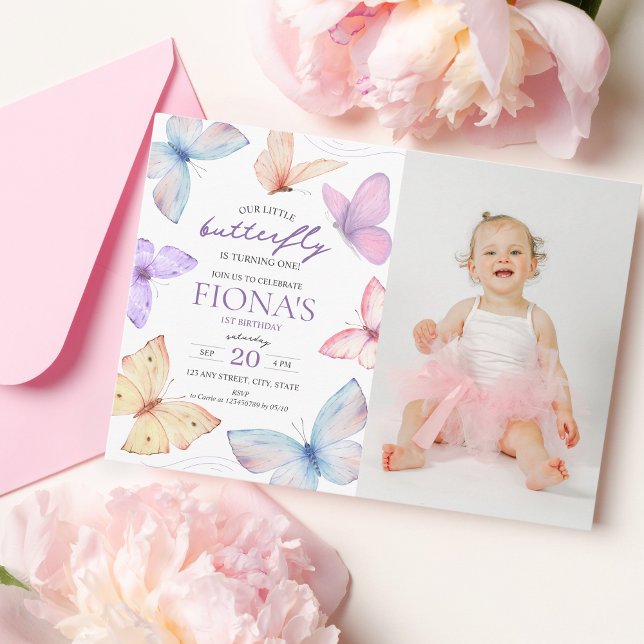 Convites Foto de primeiro aniversario da menina da borbolet (1st birthday invitation photo, our little butterfly)