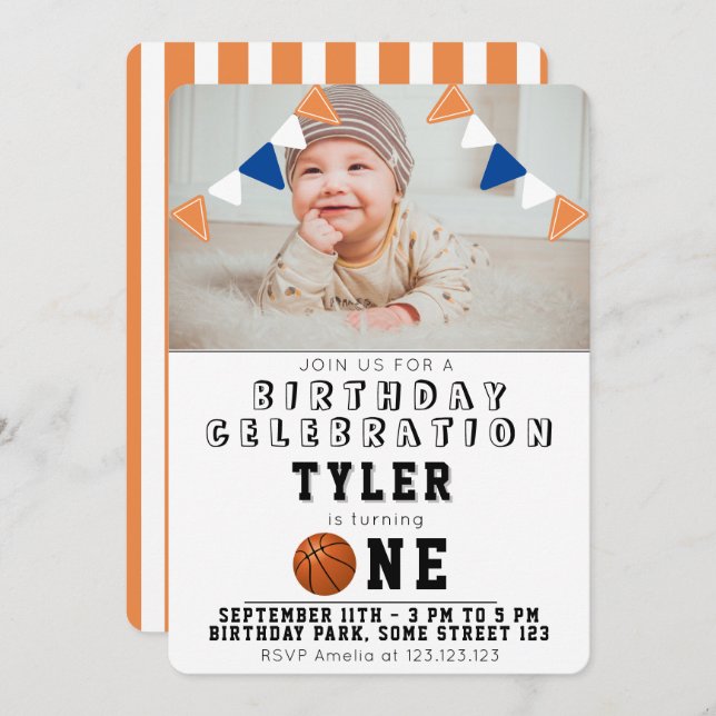 Convites Foto de primeiro aniversario de bolas de basquete  (Frente/Verso)