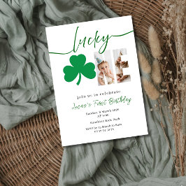 Convites Foto de primeiro aniversário Lucky Shamrock editáv