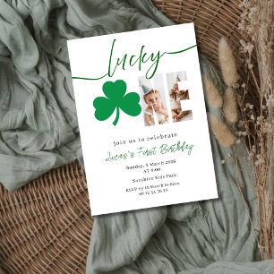 Convites Foto de primeiro aniversário Lucky Shamrock editáv