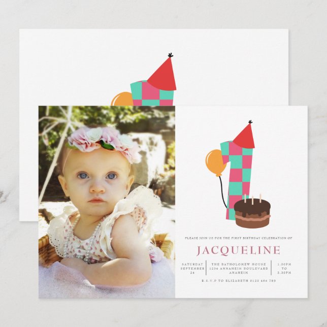 Convites Foto de primeiro aniversario para Meninas (Frente/Verso)