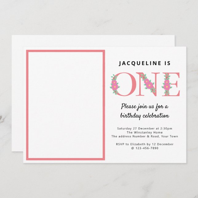 Convites Foto de primeiro aniversario para Meninas (Frente/Verso)