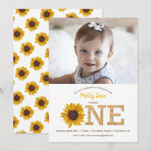 Convites Foto de primeiro aniversario Rústico de Girassol