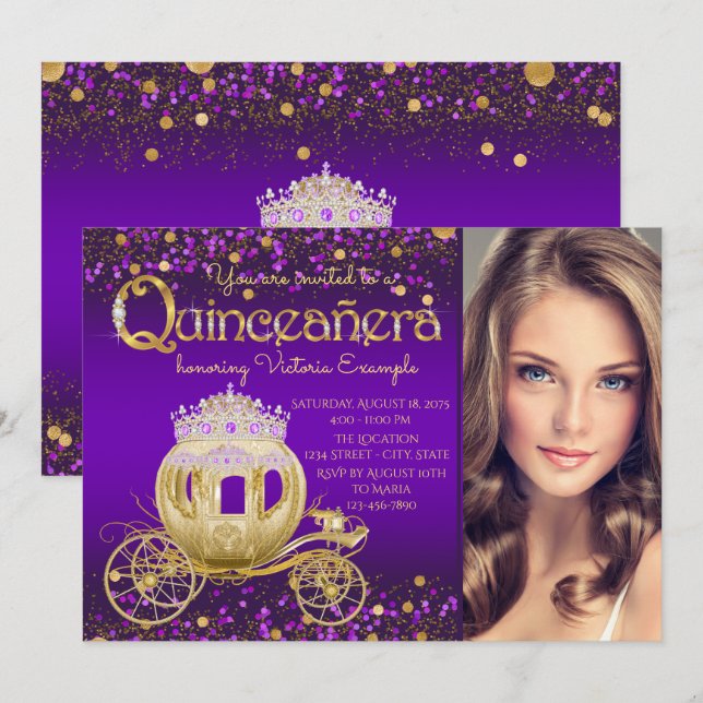 Convites Foto de Princesa Roxa e Dourada Quinceanera (Frente/Verso)