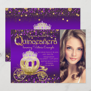 Convites Foto de Princesa Roxa e Dourada Quinceanera