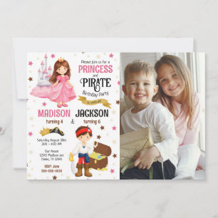 Convites Foto de Príncipe e Pirata Irmãos Aniversário Conju