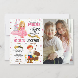 Convites Foto de Príncipe e Pirata Irmãos Aniversário Conju