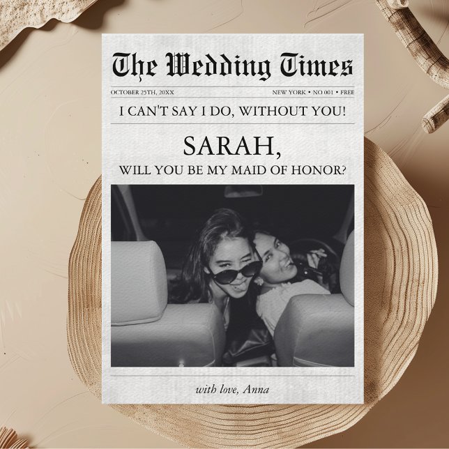 Convites Foto de proposta de Madrinha de casamento exclusiv (Will you be my Maid of Honor Proposal Card Newspaper Unique Creative Funny with Photo Aesthetic)