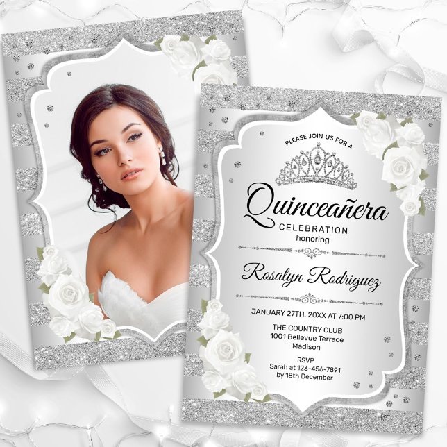 Convites Foto de Quinceanera Branca de Prata (Criador carregado)