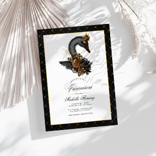 Convites Foto de Quinceañera Cisne Preto e Dourado Elegante