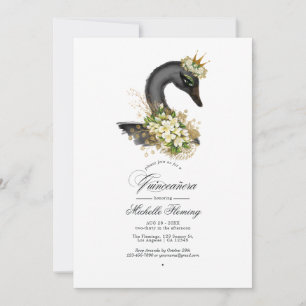 Convites Foto de Quinceañera com Cisne Floral Preto e Doura