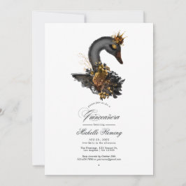 Convites Foto de Quinceañera com Cisne Floral Preto e Doura